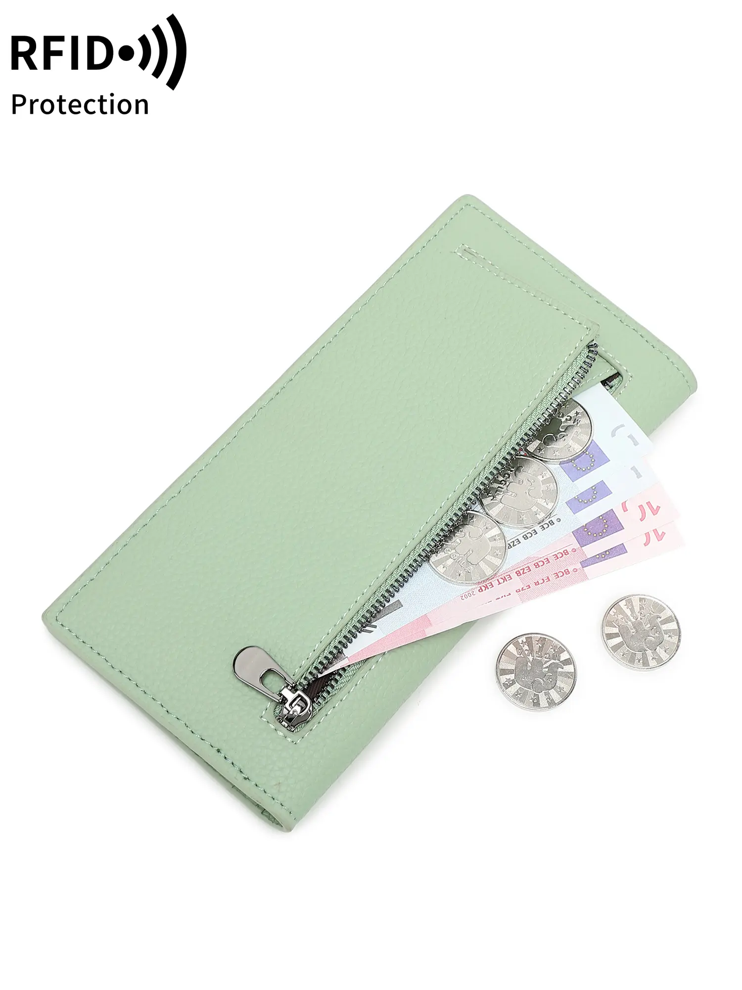 New RFID Blocking Women'S Wallet Minimalism Litchi pattern Long Wallet Ultrathin Portable Card Holder Fashion Oilwaxskin Handbag