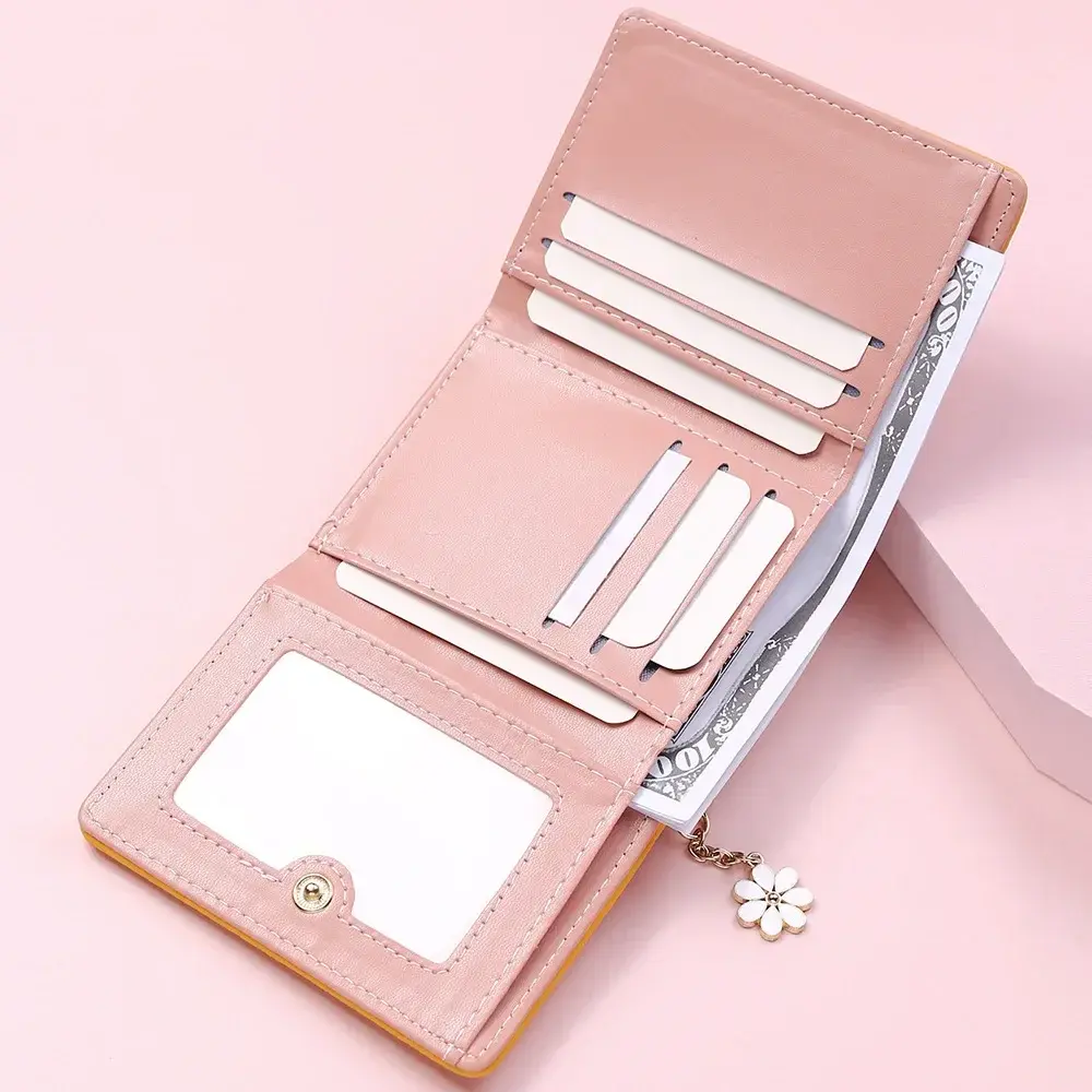 Fashion Women's Short Wallet Ladies Small Card Holder Print Lychee Pattern Cute Yellow Two-fold Flower Tassel Female Coin Bags