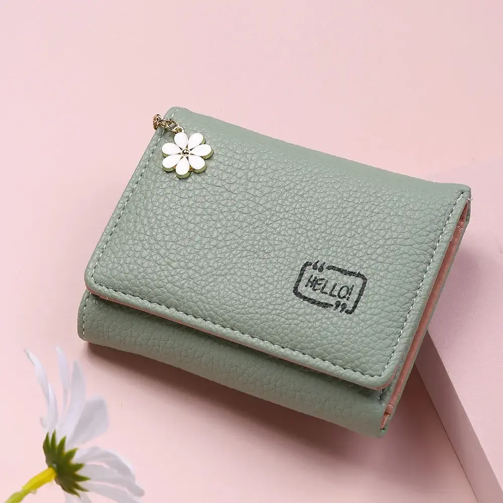 Fashion Women's Short Wallet Ladies Small Card Holder Print Lychee Pattern Cute Yellow Two-fold Flower Tassel Female Coin Bags