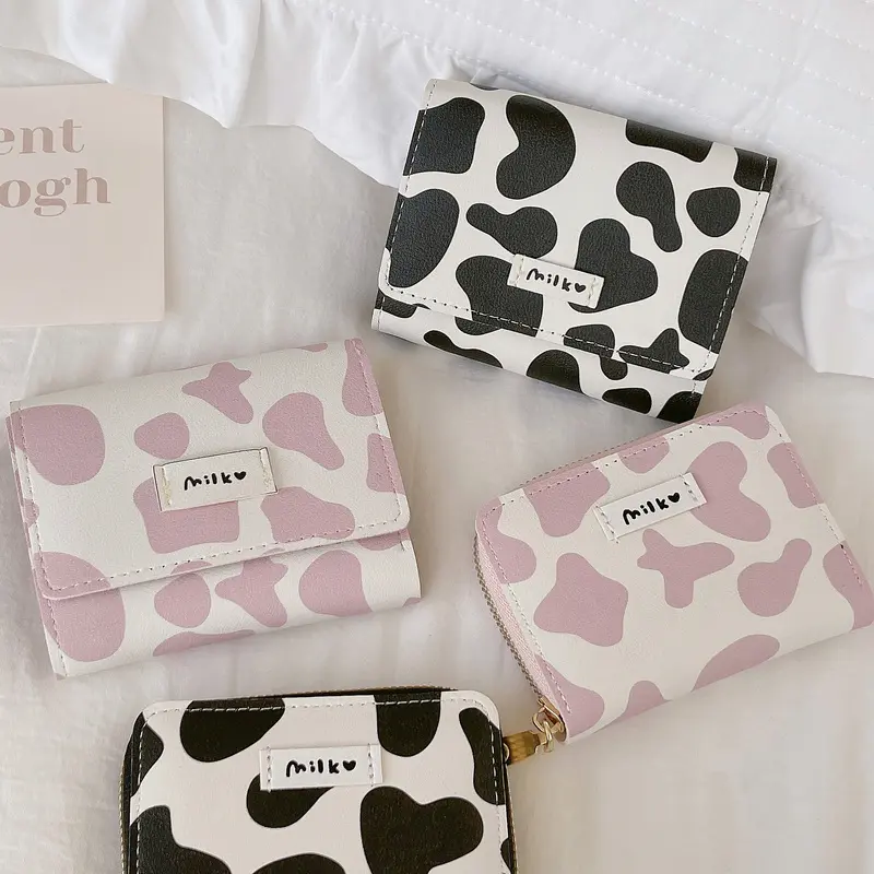 Women Cute Wallet Cow Print PU Leather Business Card Holder Female Girl's Coin Pouch Women Tri-fold Cartoon Carteras Para Mujer
