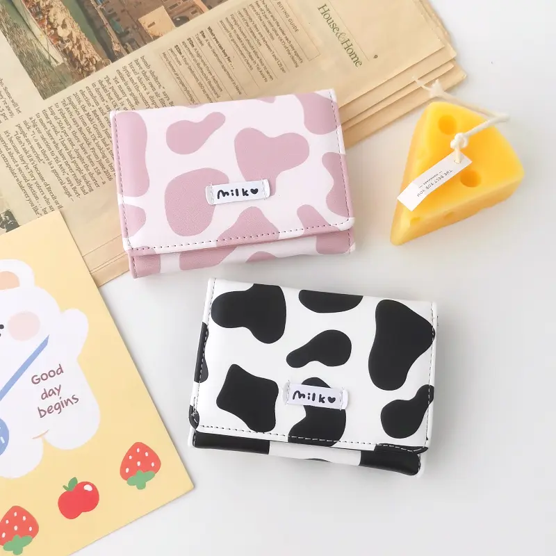 Women Cute Wallet Cow Print PU Leather Business Card Holder Female Girl's Coin Pouch Women Tri-fold Cartoon Carteras Para Mujer