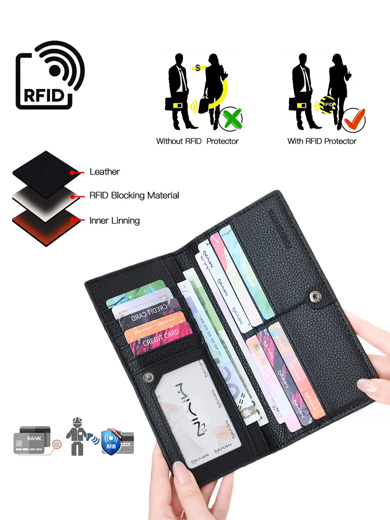New RFID Blocking Women'S Wallet Minimalism Litchi pattern Long Wallet Ultrathin Portable Card Holder Fashion Oilwaxskin Handbag