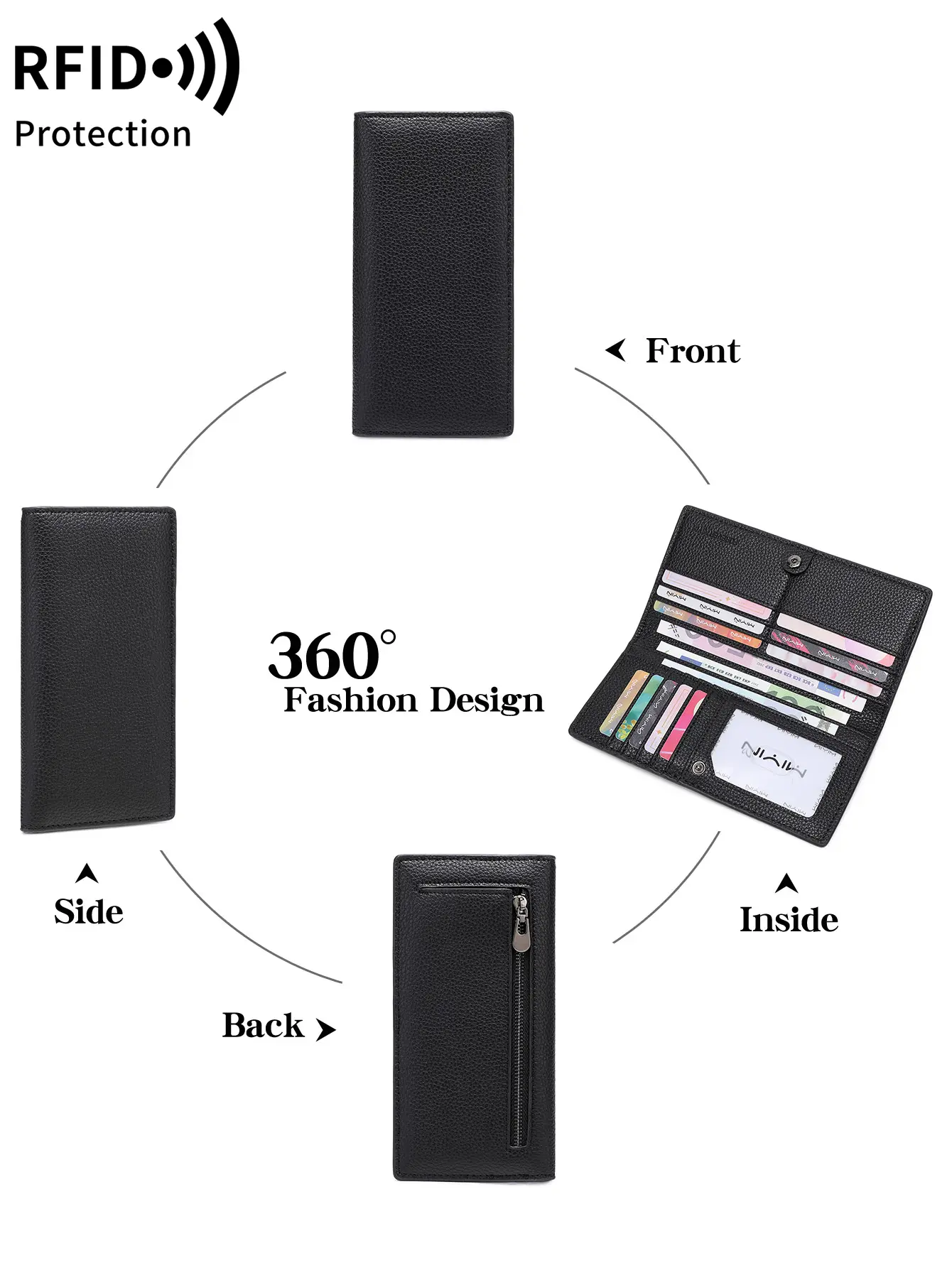New RFID Blocking Women'S Wallet Minimalism Litchi pattern Long Wallet Ultrathin Portable Card Holder Fashion Oilwaxskin Handbag