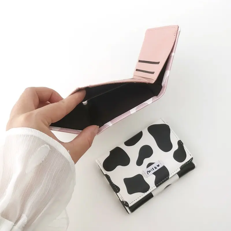 Women Cute Wallet Cow Print PU Leather Business Card Holder Female Girl's Coin Pouch Women Tri-fold Cartoon Carteras Para Mujer