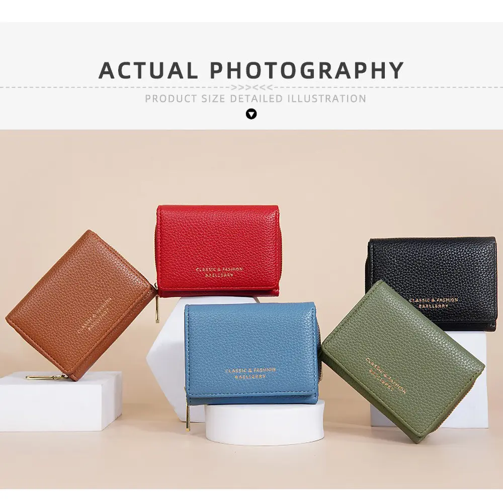 Premium Short Tri-Fold Wallet for Women - Slim Lychee Pattern Leather with Coin Pocket, 6 Card Slots 2025 New
