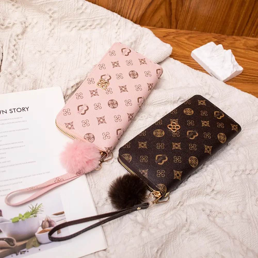 PU Leather Women Long Wallet Large Capacity Fluffy Ball and Printed Decoration Long Clutch Bag Portable Lady Card Holder Women