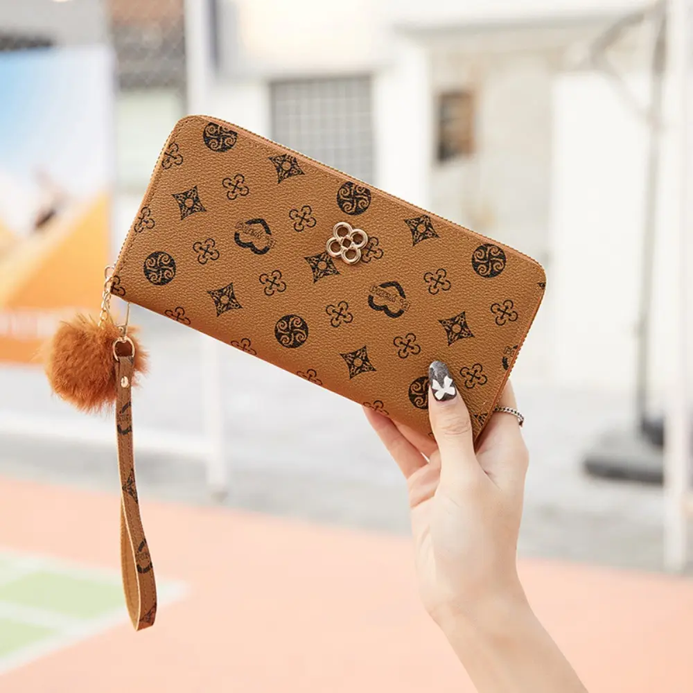 PU Leather Women Long Wallet Large Capacity Fluffy Ball and Printed Decoration Long Clutch Bag Portable Lady Card Holder Women