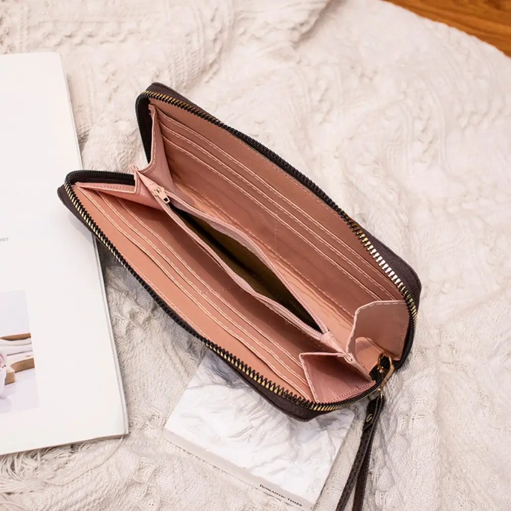 PU Leather Women Long Wallet Large Capacity Fluffy Ball and Printed Decoration Long Clutch Bag Portable Lady Card Holder Women