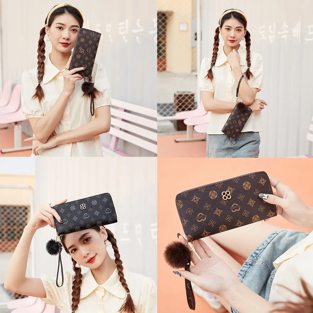 PU Leather Women Long Wallet Large Capacity Fluffy Ball and Printed Decoration Long Clutch Bag Portable Lady Card Holder Women