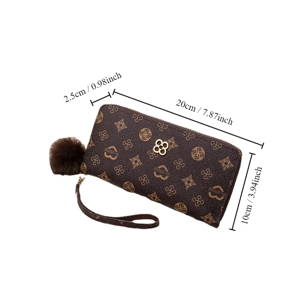 PU Leather Women Long Wallet Large Capacity Fluffy Ball and Printed Decoration Long Clutch Bag Portable Lady Card Holder Women