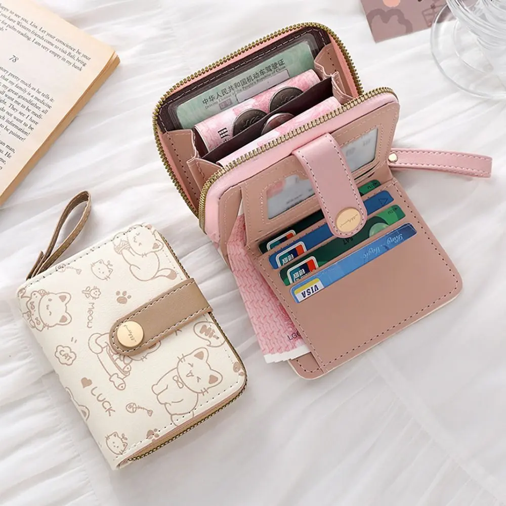 Cute Printed Cat Coin Purse Women Girl Fashion Short Wallet PU Leather Wallet Lightweight ID Card Holder Travel Cash Coin Bag