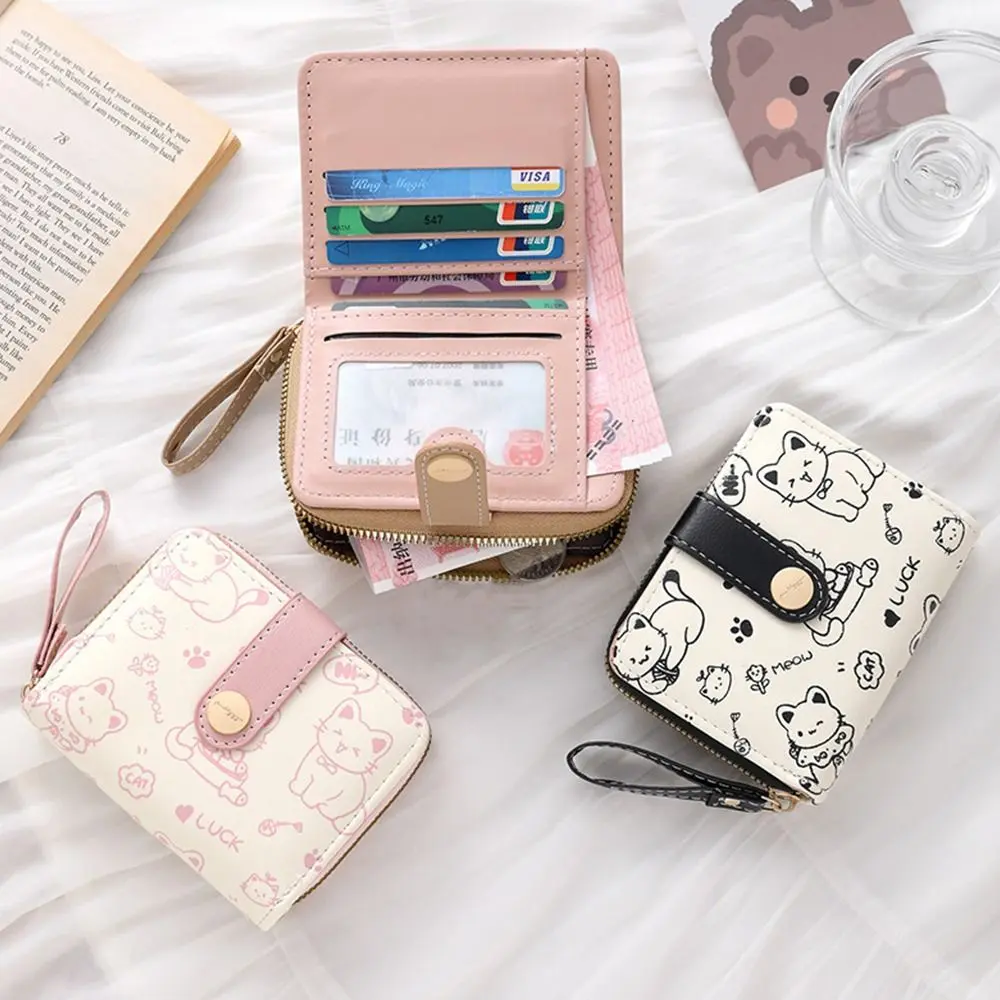 Cute Printed Cat Coin Purse Women Girl Fashion Short Wallet PU Leather Wallet Lightweight ID Card Holder Travel Cash Coin Bag