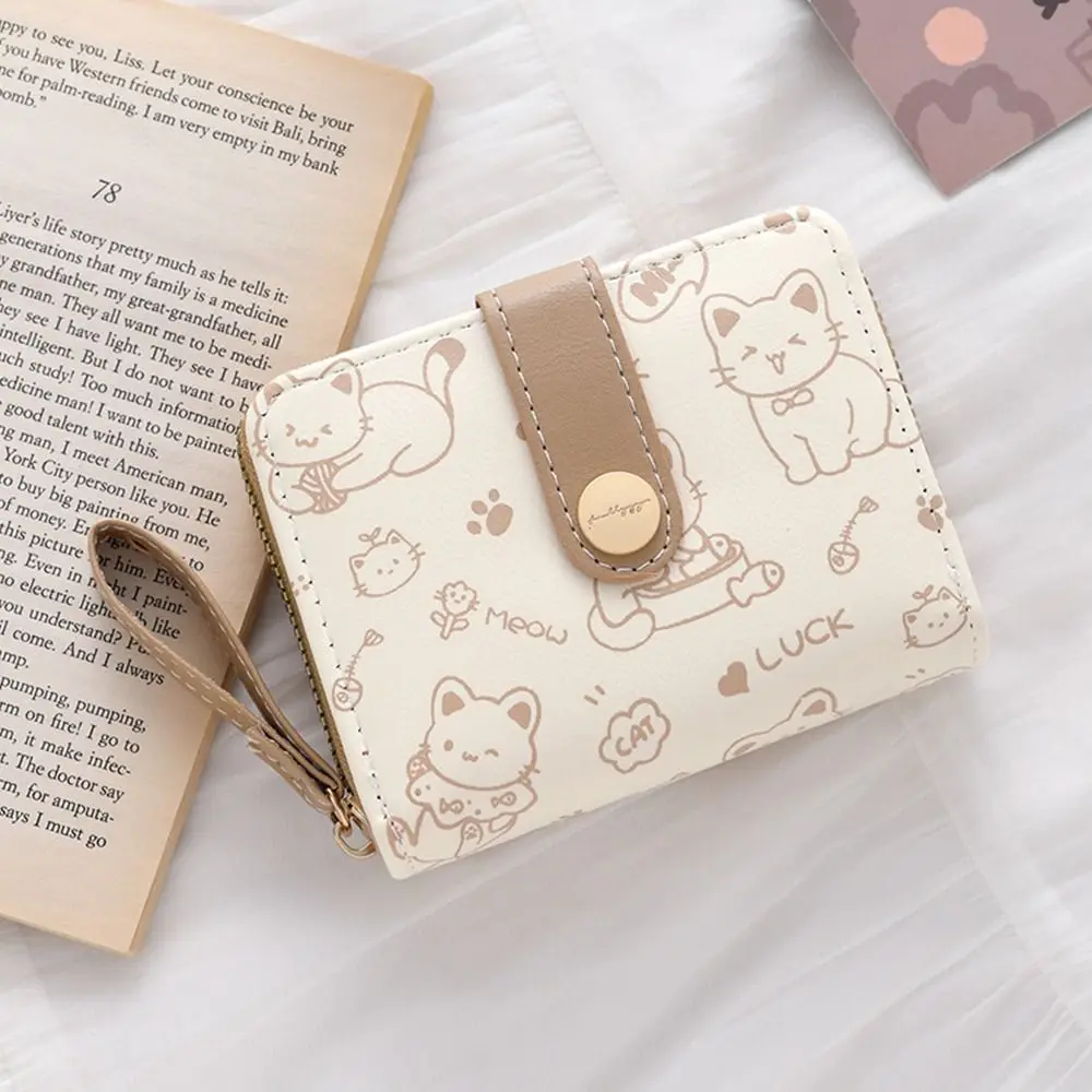 Cute Printed Cat Coin Purse Women Girl Fashion Short Wallet PU Leather Wallet Lightweight ID Card Holder Travel Cash Coin Bag