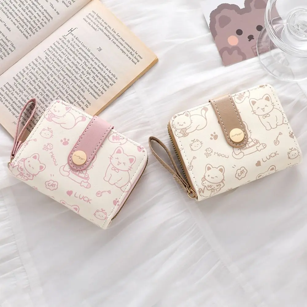 Cute Printed Cat Coin Purse Women Girl Fashion Short Wallet PU Leather Wallet Lightweight ID Card Holder Travel Cash Coin Bag