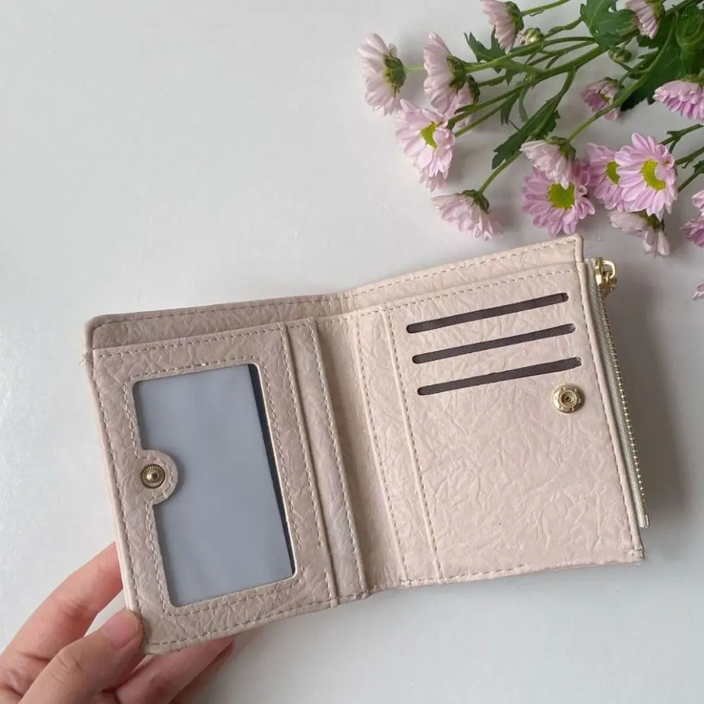 Retro Leather Short Wallet Small Solid Color Zipper Purse Large capacity Coin Purse Women