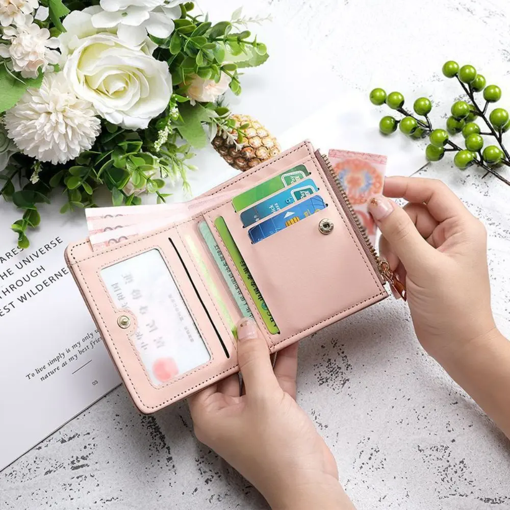 Retro Leather Short Wallet Small Solid Color Zipper Purse Large capacity Coin Purse Women