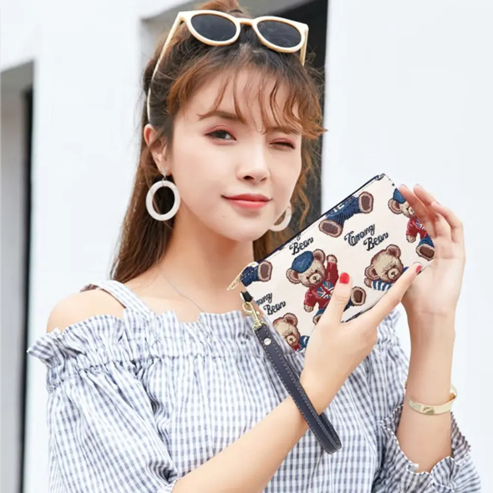 Fashion Cartoon Bear Wallet Zipper Card Holder Phone Bag Canvas Clutch Bag Travel Coin Purse