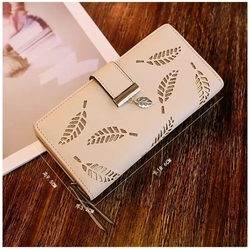 Women Wallet PU Leather Purse Female Long Wallet Gold Hollow Leaves Pouch Handbag for Women Coin Purse Card Holders Clutch