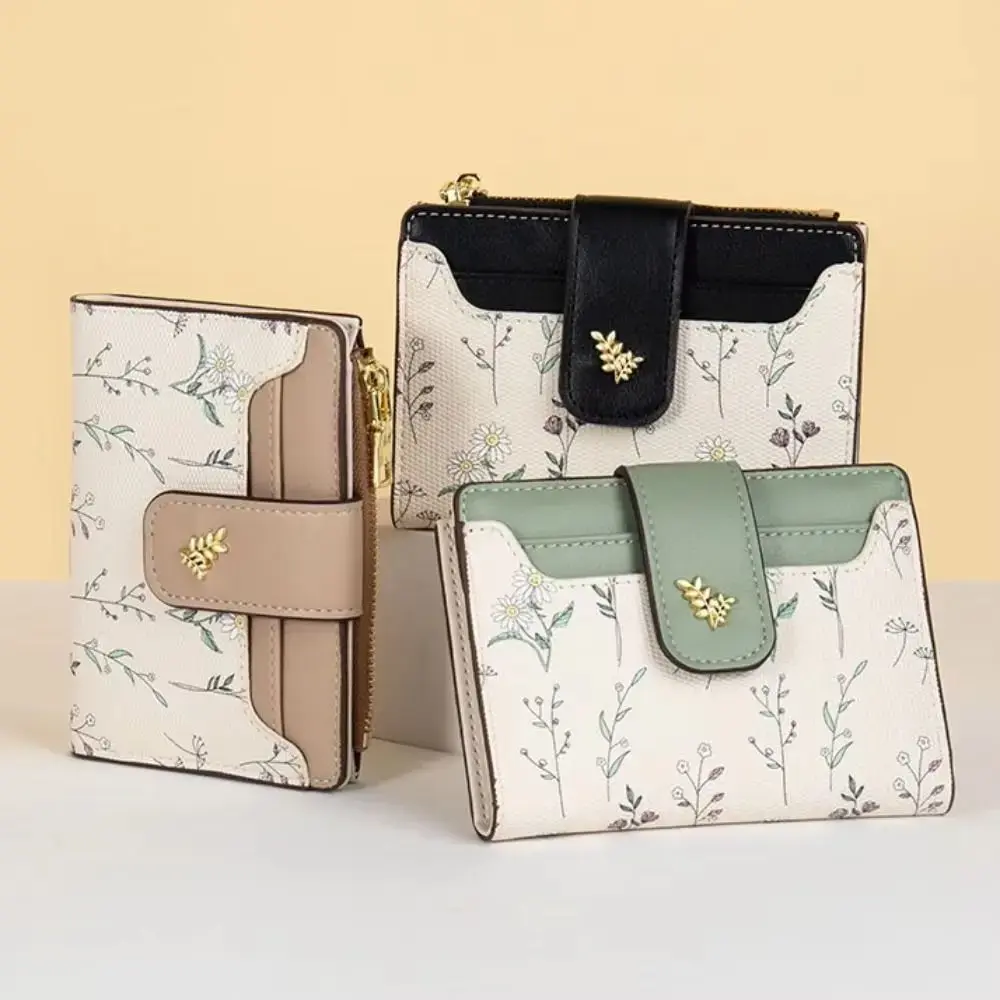 Fashion PU Leather Women Short Wallet Zipper Hasp Small Flowers Coin Purse Multi-Cards Card Bag Holder Girl