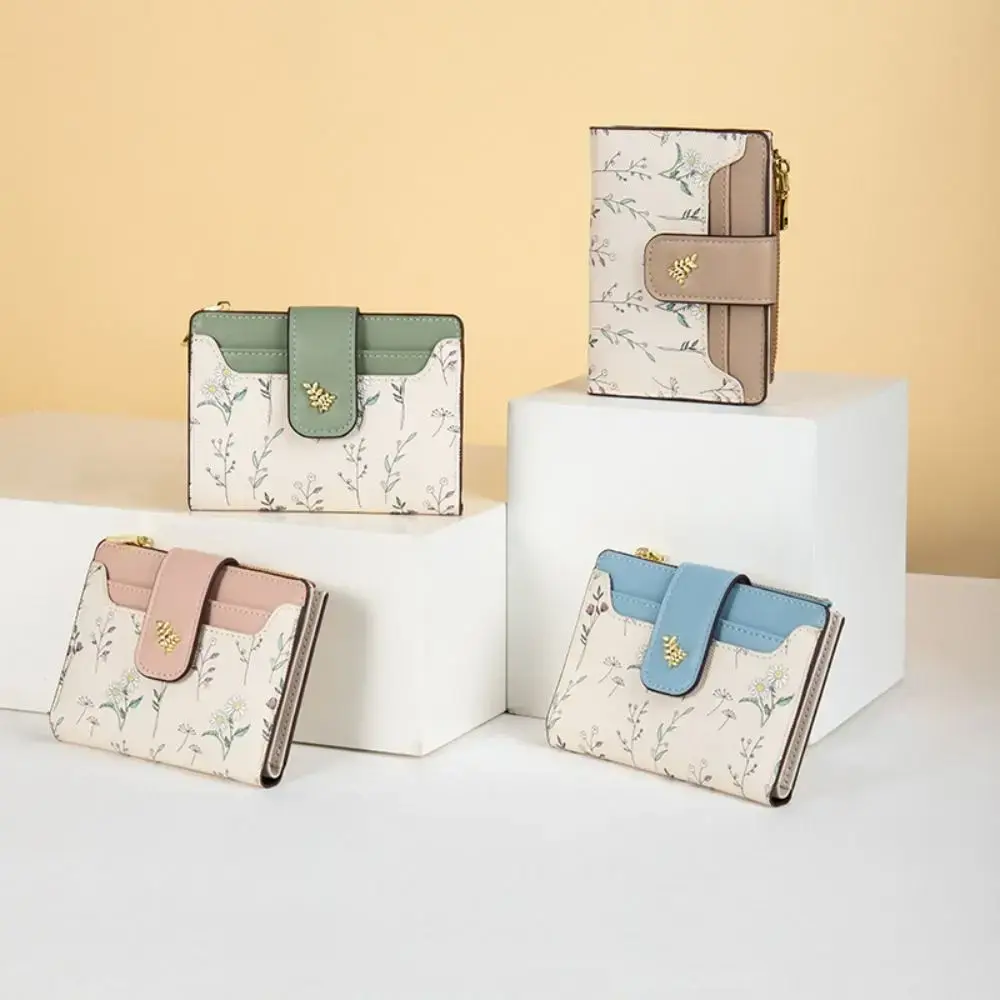 Fashion PU Leather Women Short Wallet Zipper Hasp Small Flowers Coin Purse Multi-Cards Card Bag Holder Girl