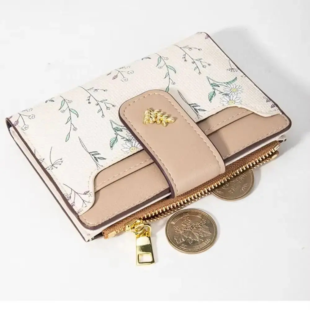 Fashion PU Leather Women Short Wallet Zipper Hasp Small Flowers Coin Purse Multi-Cards Card Bag Holder Girl