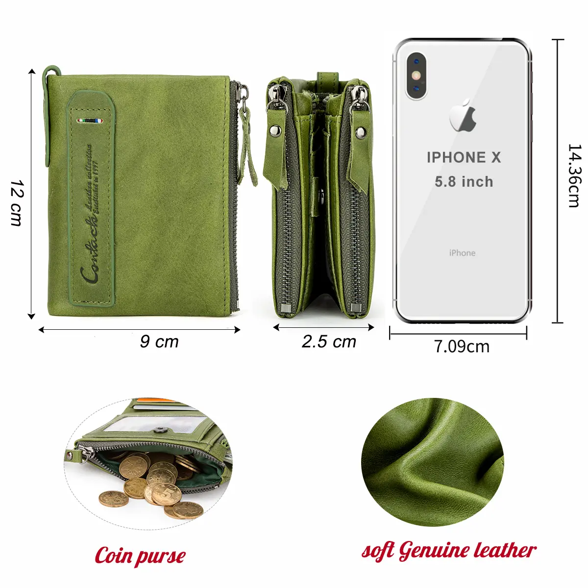 Contact's Womens Leather Wallet Small Bifold Compact Credit Card Case Purse for Ladies with Zipper Pocket Genuine Leather Wallet