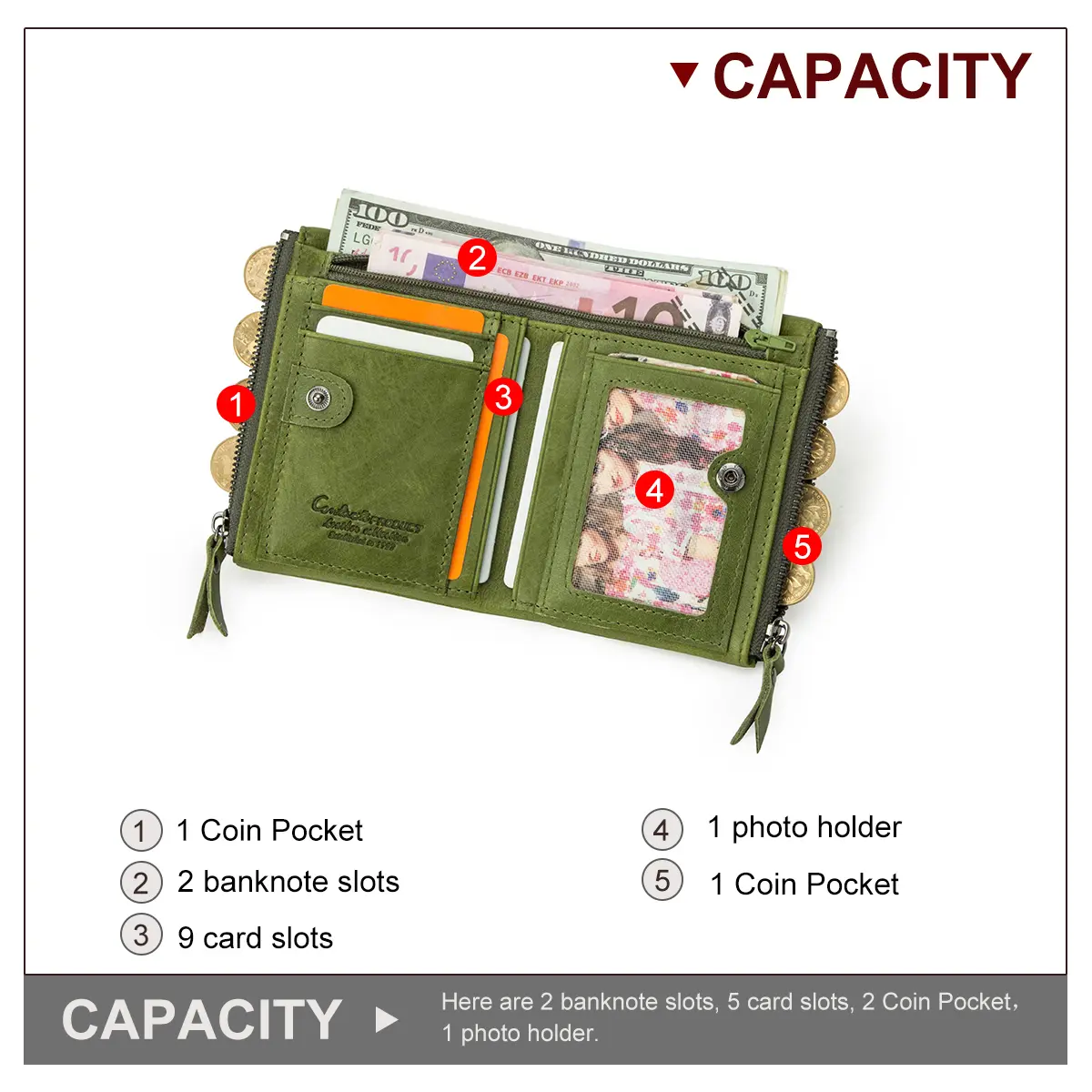 Contact's Womens Leather Wallet Small Bifold Compact Credit Card Case Purse for Ladies with Zipper Pocket Genuine Leather Wallet