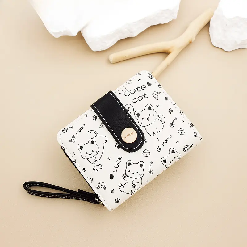 Japanese Cute Cat Girls Wallet Short Student ID Bank Card Holder Money Bag Zipper Wallets For Women Key Storage Purse Coin Purse