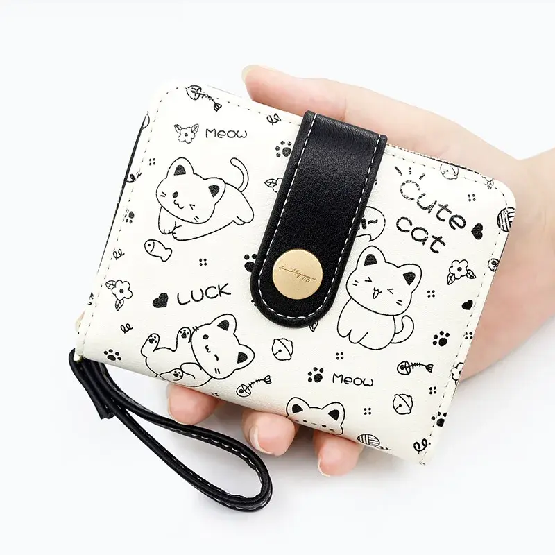 Japanese Cute Cat Girls Wallet Short Student ID Bank Card Holder Money Bag Zipper Wallets For Women Key Storage Purse Coin Purse