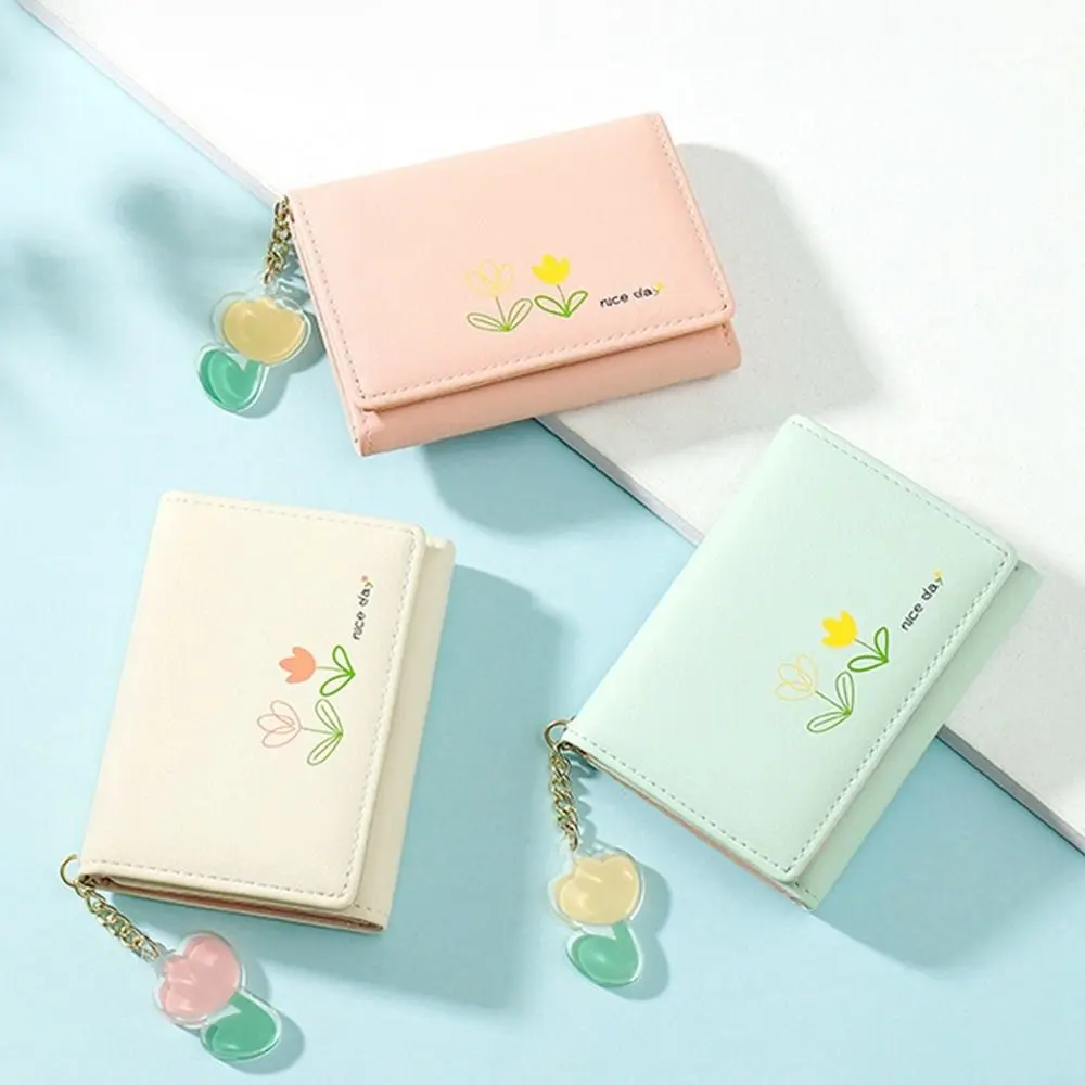 Women Folded Bag Tulip Prints Pattern Multiple Card Slots Clutch Bag Card Holder Women Wallet Short Coin Purse Credit Card Clip