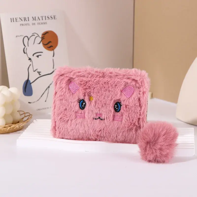 Women's Cute Cartoon Cat Embroidered Wallet Plush Coin Purse Coin Pouch Short Wallet Zipper Card Wallet ID Credit Card Holder
