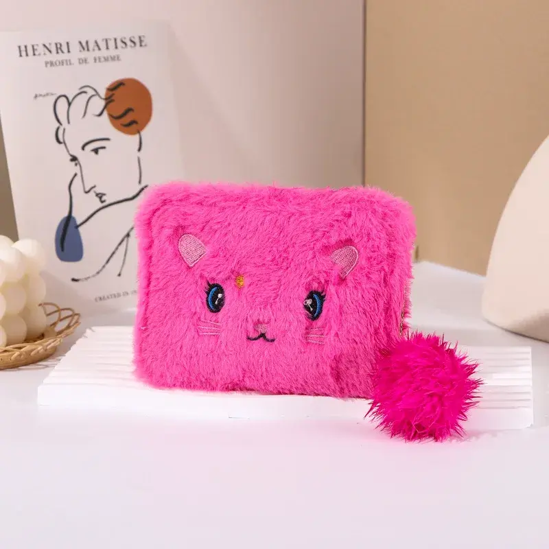 Women's Cute Cartoon Cat Embroidered Wallet Plush Coin Purse Coin Pouch Short Wallet Zipper Card Wallet ID Credit Card Holder