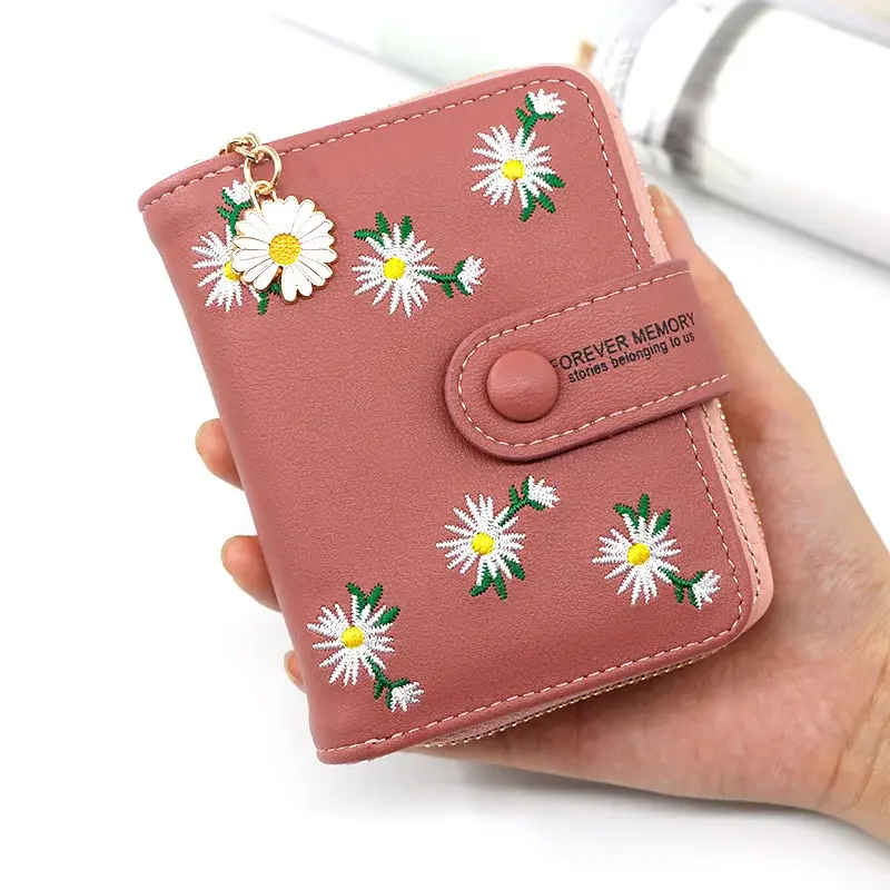 New Women Short Wallet With Coin Pocket PU Leather Female Flower Purse Ladies Card Holder Fashion Woman Small Zipper Clutch Bag