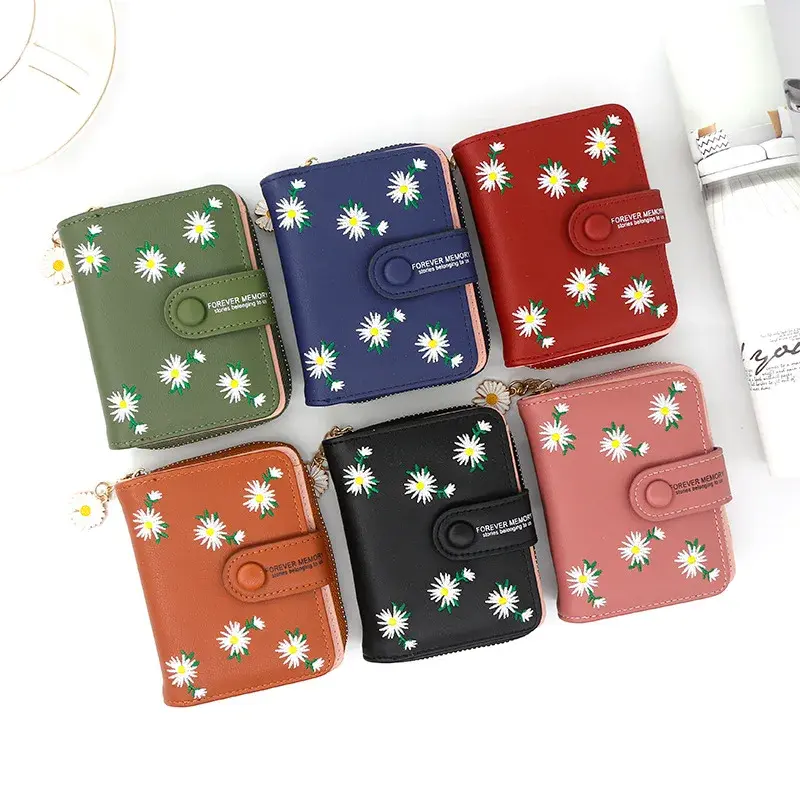 New Women Short Wallet With Coin Pocket PU Leather Female Flower Purse Ladies Card Holder Fashion Woman Small Zipper Clutch Bag