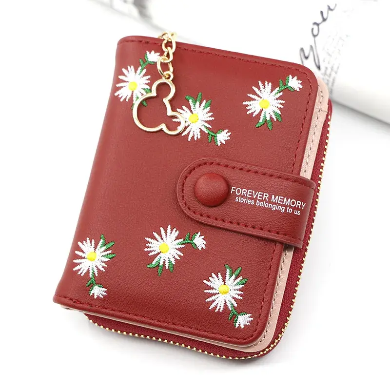 New Women Short Wallet With Coin Pocket PU Leather Female Flower Purse Ladies Card Holder Fashion Woman Small Zipper Clutch Bag