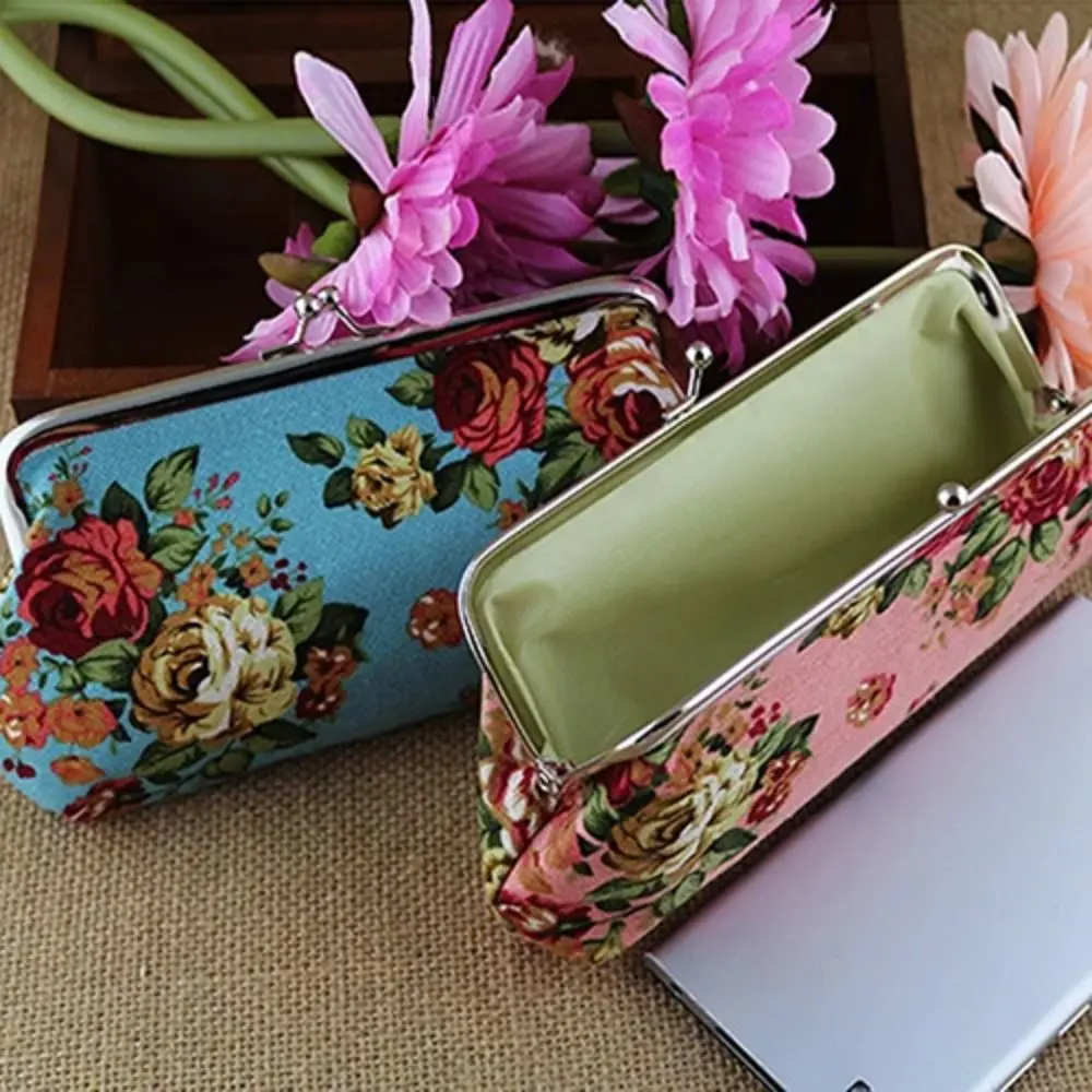 Fashion Retro Long Kiss Lock Wallet Vintage Flower Credit Card Holder Coin Purse Small Wallet Floral Money Clutch Bag Women