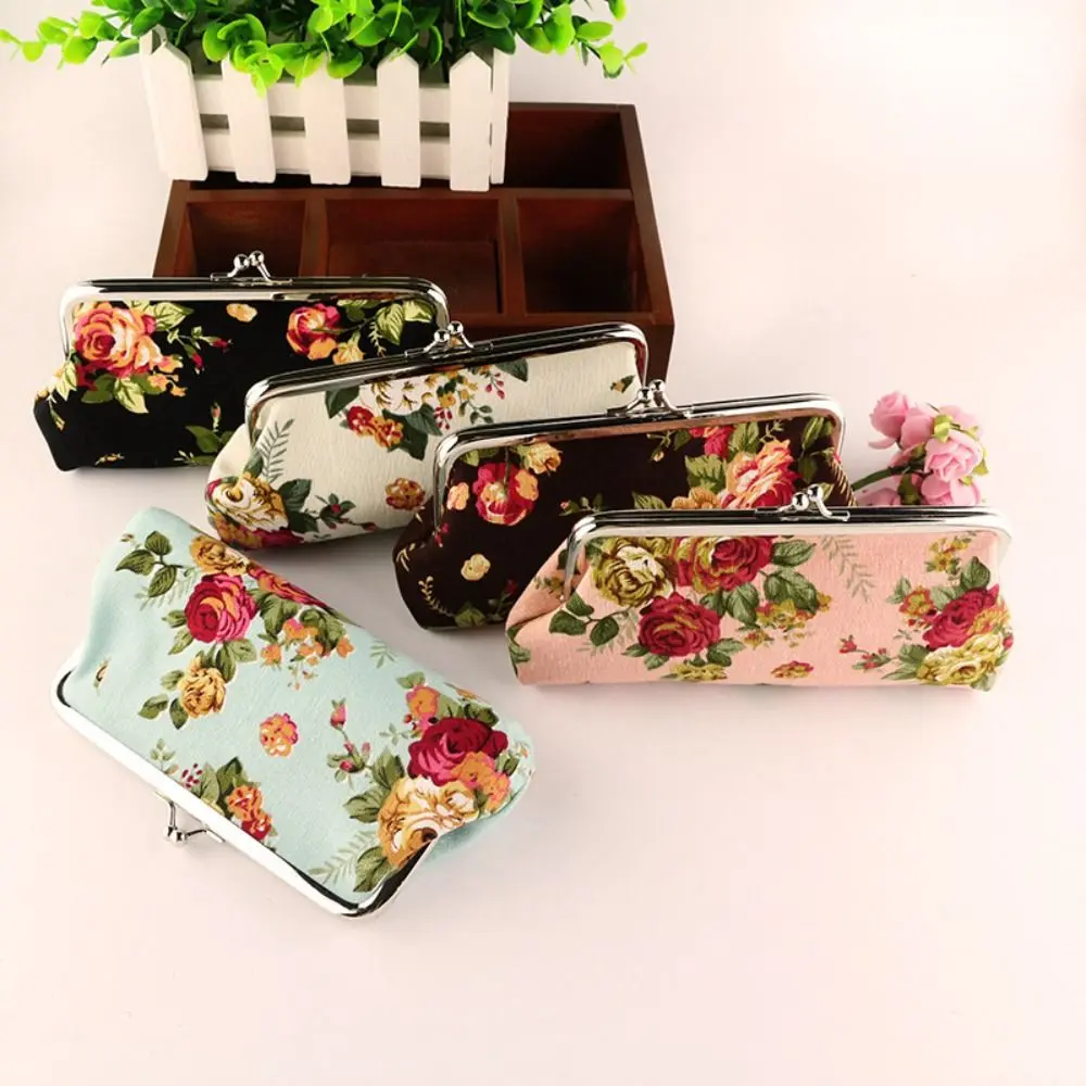 Fashion Retro Long Kiss Lock Wallet Vintage Flower Credit Card Holder Coin Purse Small Wallet Floral Money Clutch Bag Women