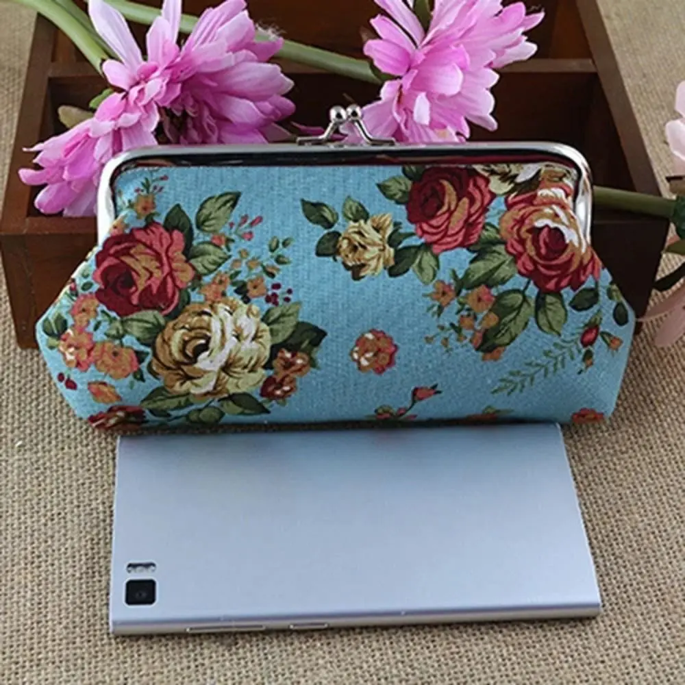 Fashion Retro Long Kiss Lock Wallet Vintage Flower Credit Card Holder Coin Purse Small Wallet Floral Money Clutch Bag Women