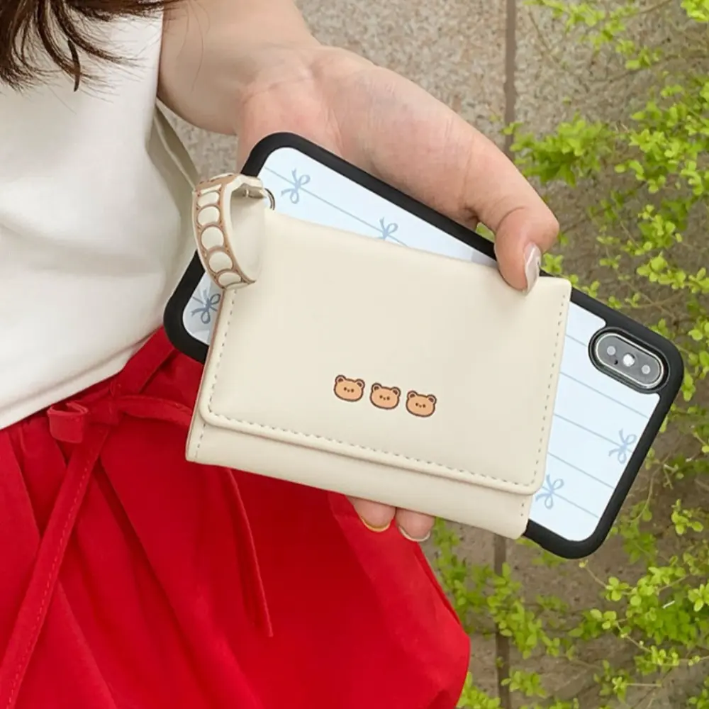 New Pink Color Short Wallet With Hand Strap Solid Color Coin Purse Cartoon Bear Cash Bag Women