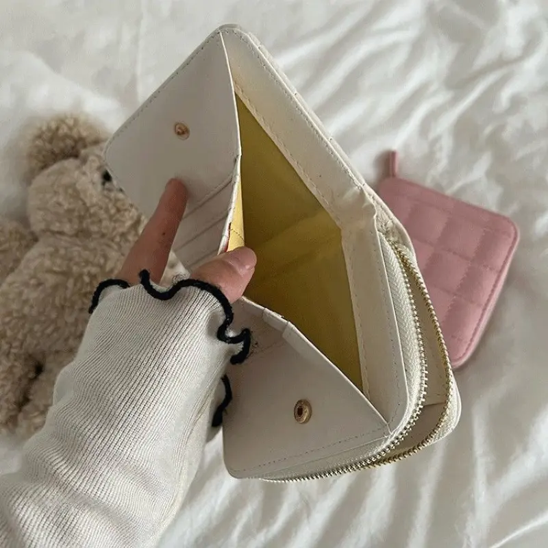 Women Fashion Small Zipper Wallet with Coin Purse PU Leather Plaid Purses Ladies Cute Mini Korean Version Small Card Pack New In