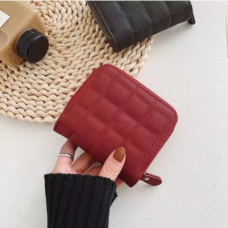 Women Fashion Small Zipper Wallet with Coin Purse PU Leather Plaid Purses Ladies Cute Mini Korean Version Small Card Pack New In