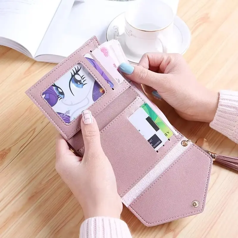 Women Short Tassel PU Leather Wallet Fashion Purse Female Mini Wallets Color Lovely Purse Female Small Folding Wallet for Girls