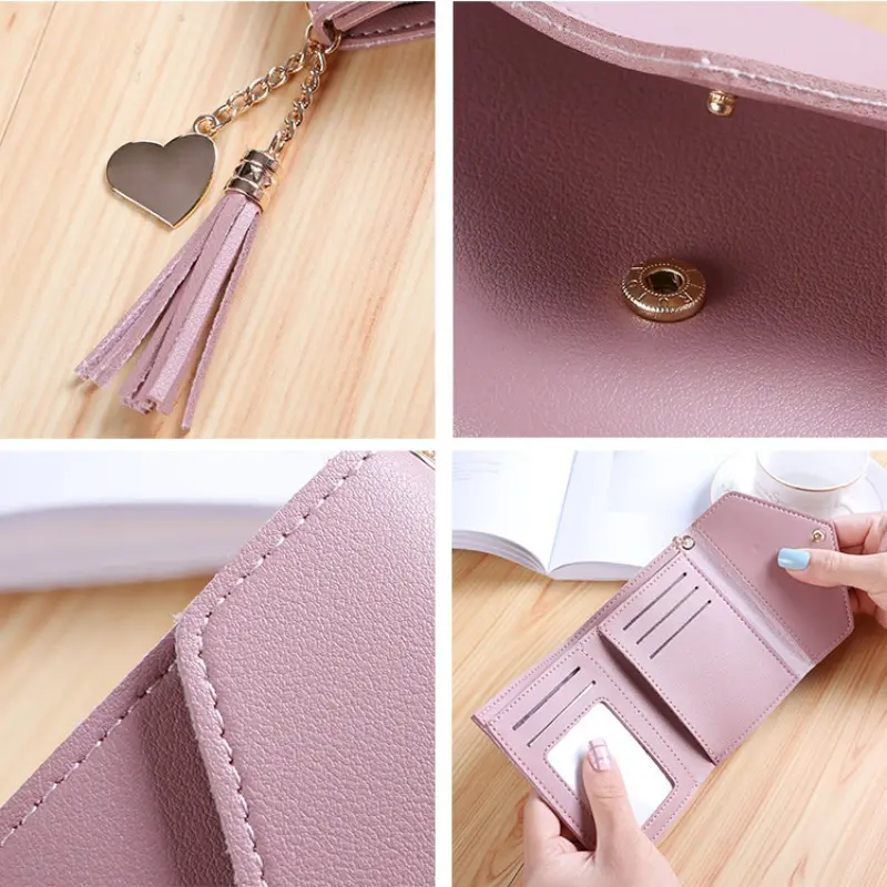 Women Short Tassel PU Leather Wallet Fashion Purse Female Mini Wallets Color Lovely Purse Female Small Folding Wallet for Girls