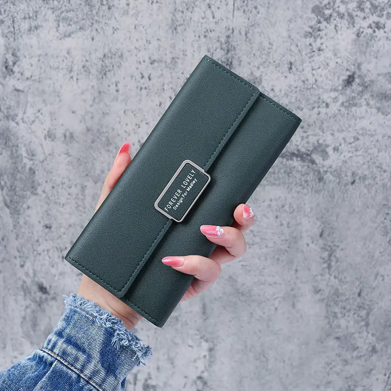 PU Leather Women Wallets Luxury Long Hasp Fold-over Pattern Coin Purses Female Brand Solid Colors New Thin Clutch Phone Bag