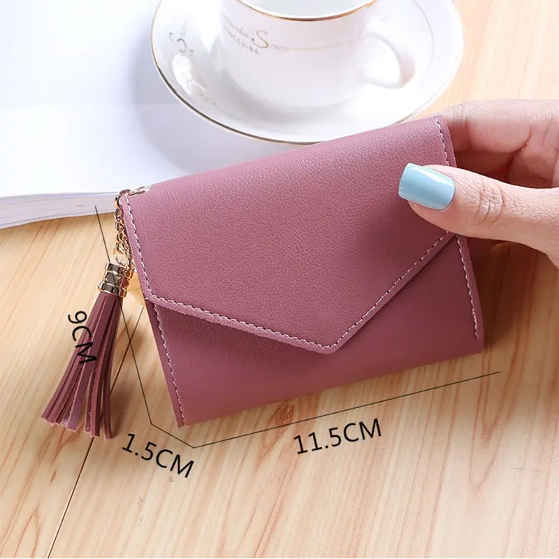 Women Short Tassel PU Leather Wallet Fashion Purse Female Mini Wallets Color Lovely Purse Female Small Folding Wallet for Girls