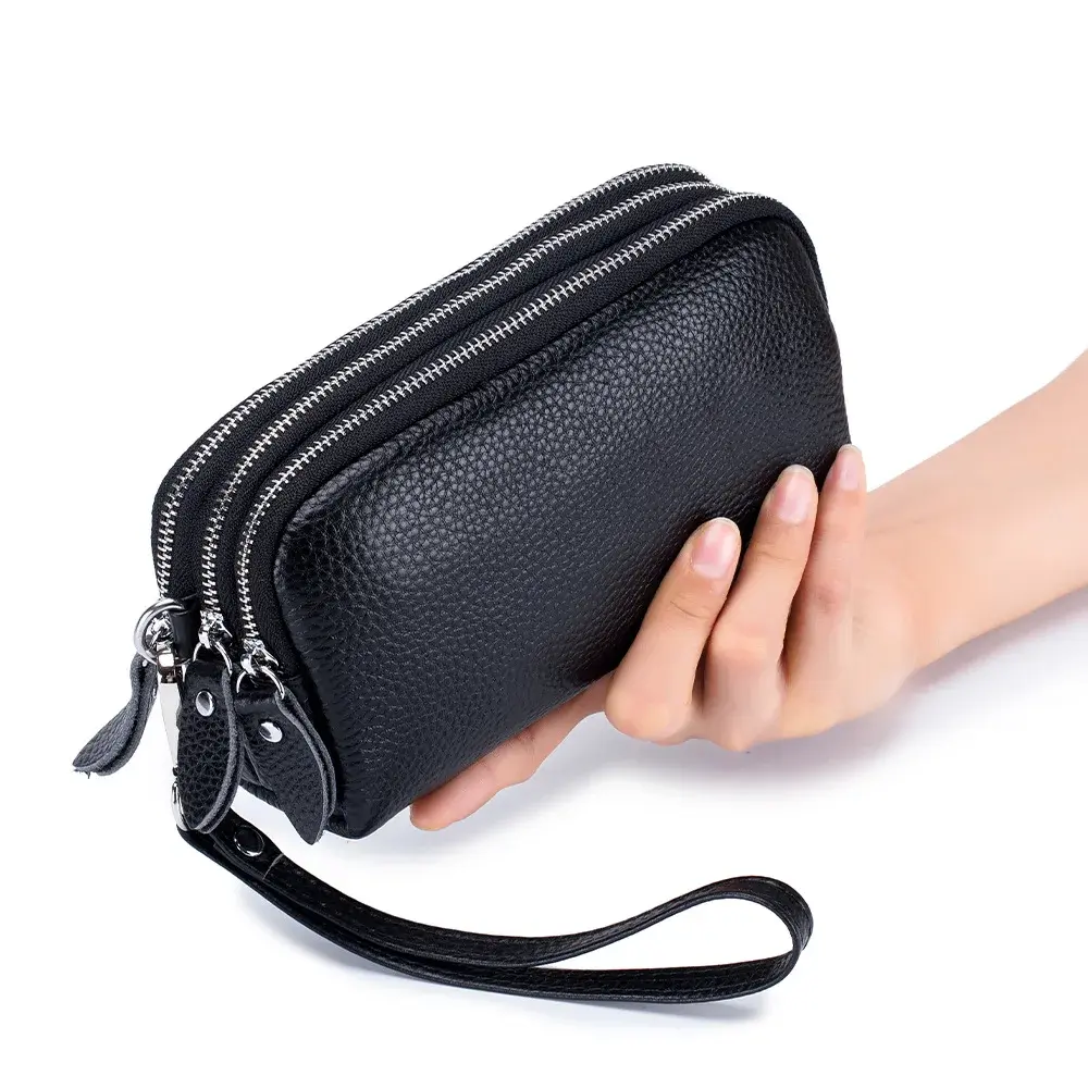 Women Long Wallet Genuine Leather 3-Layer Zipper Purse Bag Large Capacity Wristlet Clutch Wallets Phone Bag Money Purses