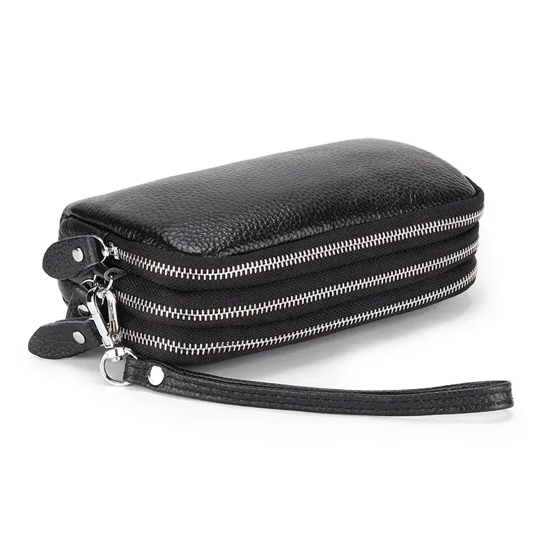 Women Long Wallet Genuine Leather 3-Layer Zipper Purse Bag Large Capacity Wristlet Clutch Wallets Phone Bag Money Purses