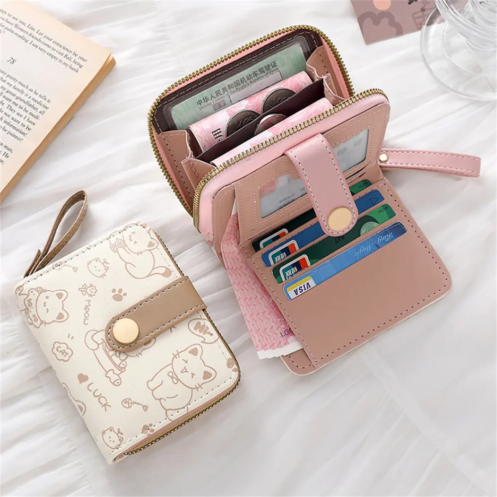 Short Women'S Wallet Simple Cute Kitten Pattern Coin Purse Multi-Functional Card Holder with Multiple Card Slots Money Bag