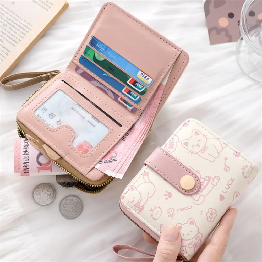 Short Women'S Wallet Simple Cute Kitten Pattern Coin Purse Multi-Functional Card Holder with Multiple Card Slots Money Bag