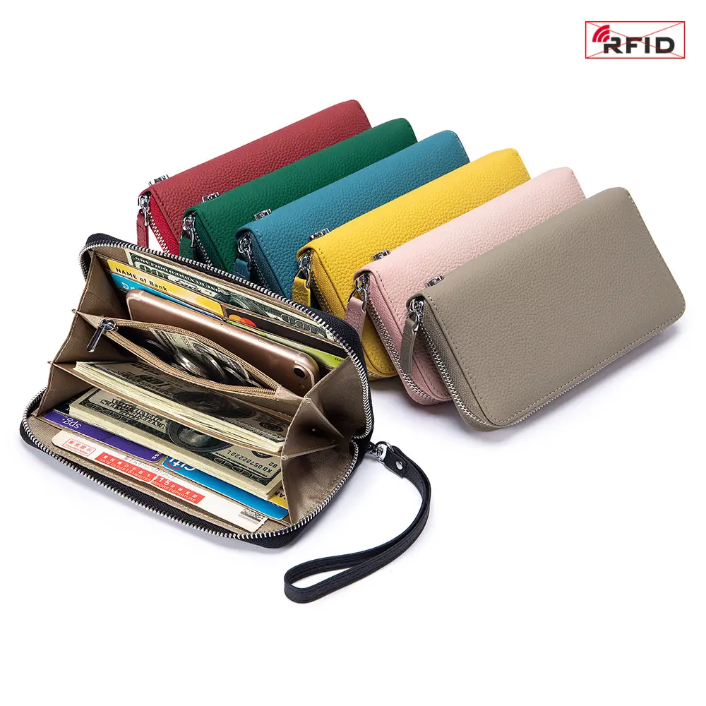 Fashion Female Genuine Leather Wallet Phone Money Holders RFID Blocking Zipper Women Wallets Long Clutch Purse Large Card Holder